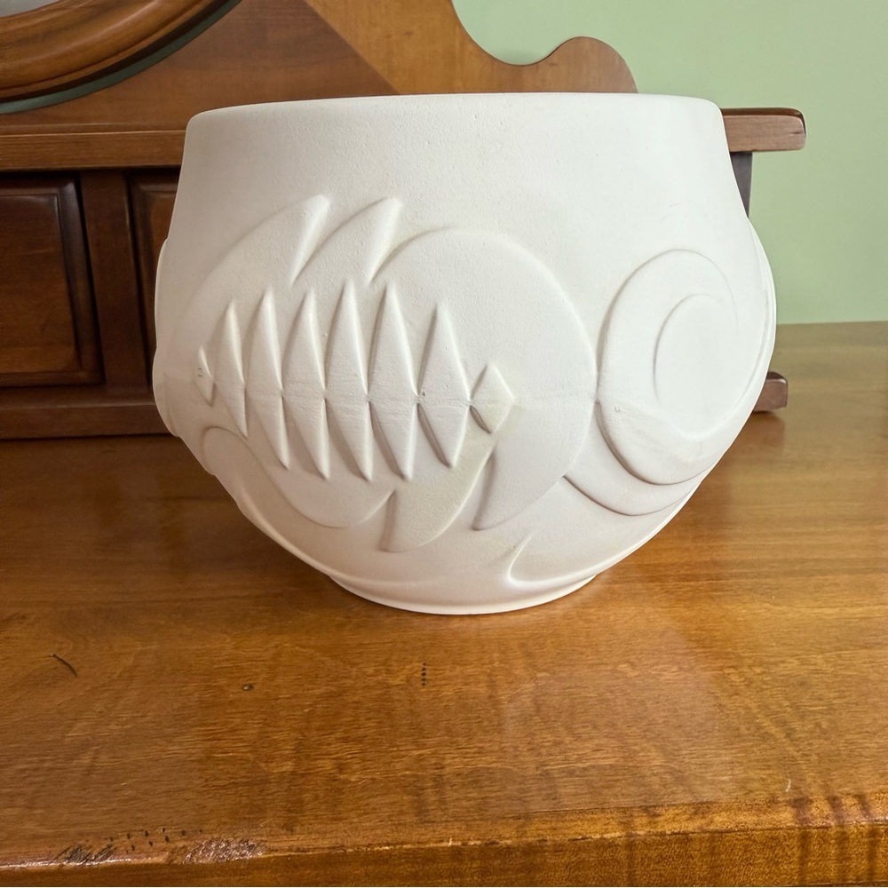 New ceramic bisque unpainted‎ art deco planter pot fish motif southwestern bowl